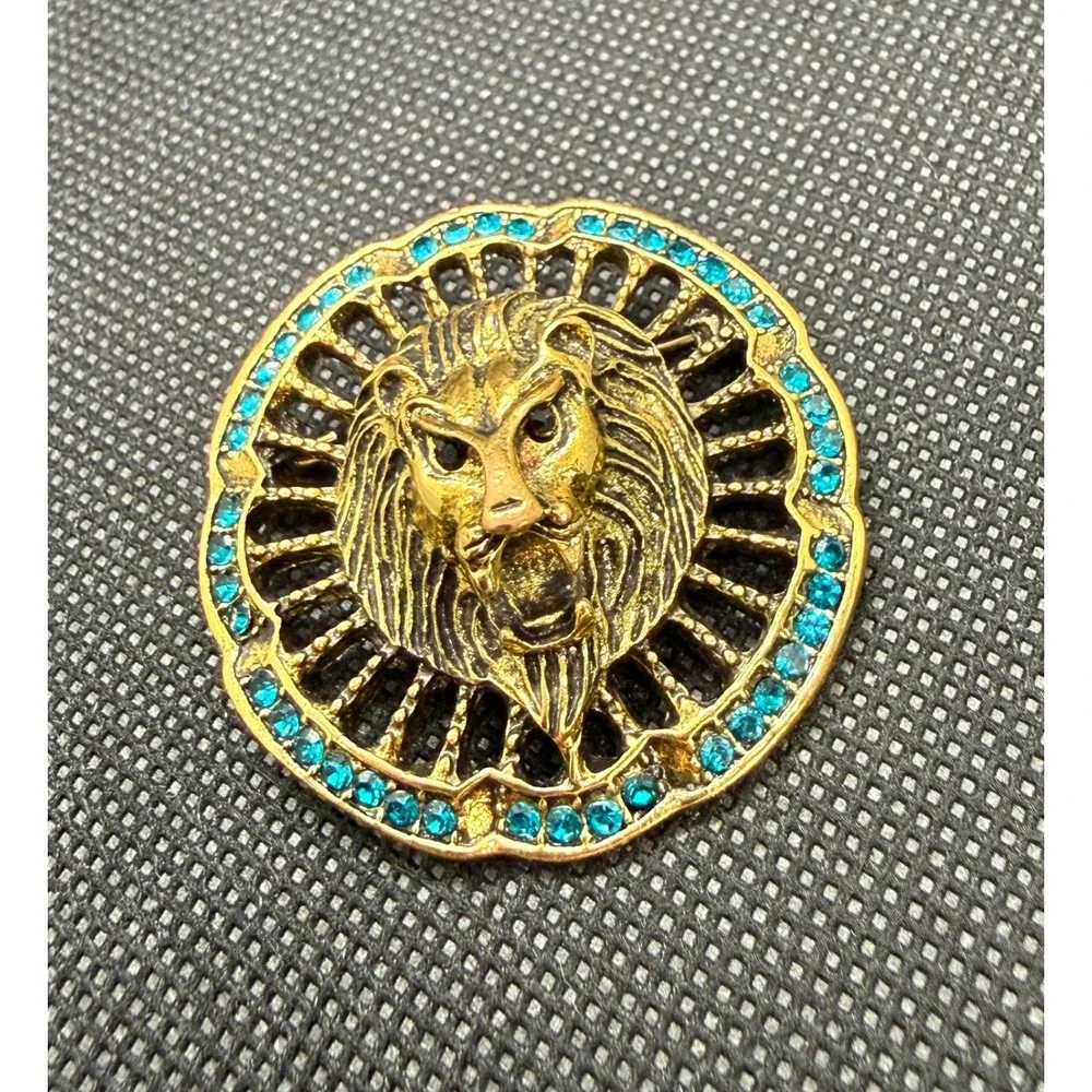 Gold Tone Lion Head Brooch Turquoise Rhinestone Sunburst Statement Pin Vintage